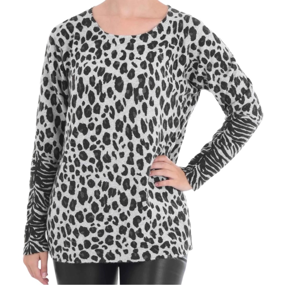 LIVE UNLIMITED Cheetah Zebra Animal Print Soft Sweater Gray Multi Small NWT